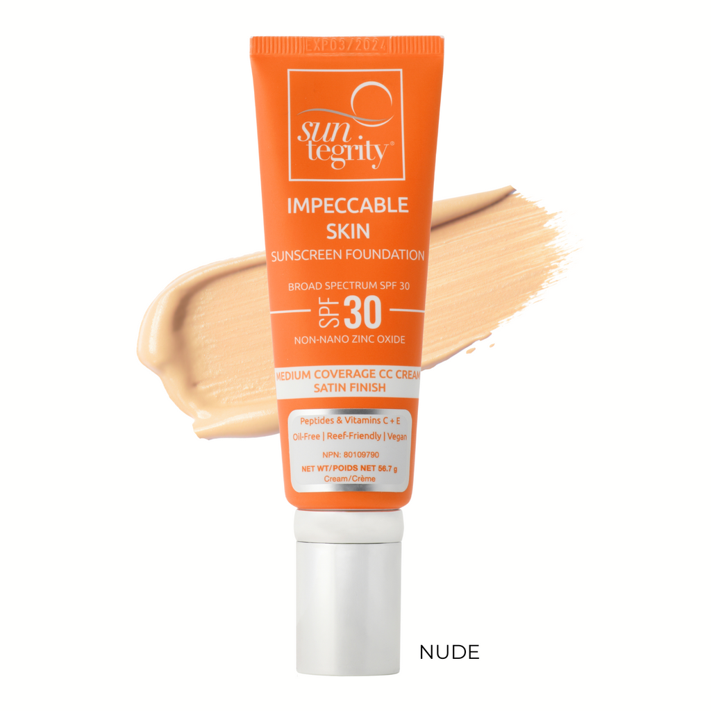 Suntegrity-Impeccable Skin SPF 30-Sun Care-2_IS_Tube_with_Nude_Swatch-The Detox Market | Nude