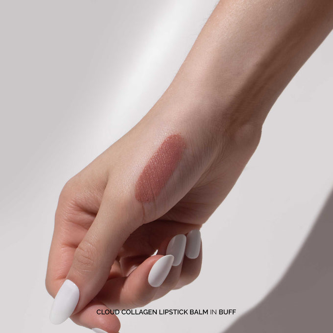 Fitglow Beauty-Lip Color Serum-Makeup-CloudCollagenLipstickBalm_buff_handswatch-The Detox Market | Buff - Earthy Nude