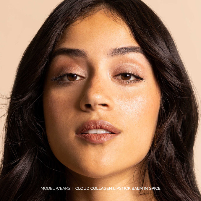 Fitglow Beauty-Cloud Collagen Lipstick + Cheek Matte Balm-Makeup-CloudCollagenLipstickBalm_model01_SPICE_B2B-The Detox Market | Spice - soft matte rosewood brown