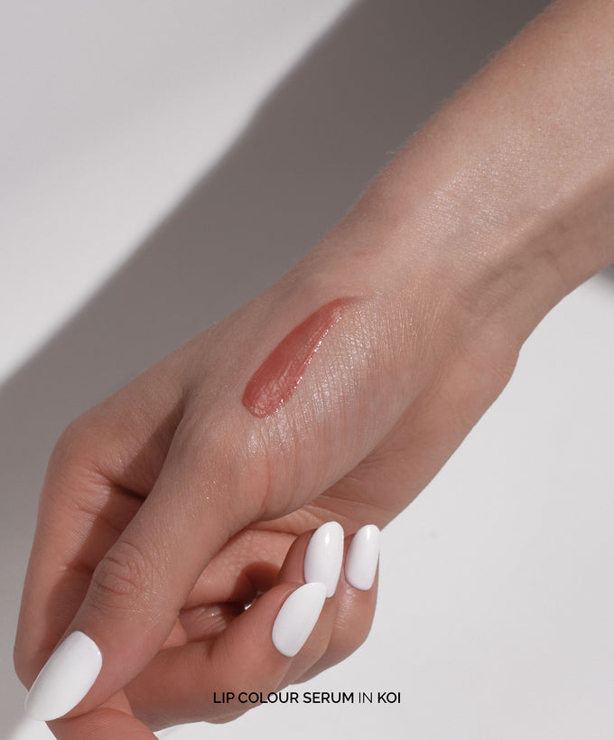 Fitglow Beauty-Lip Color Serum-Makeup-LipColourSerum_handswatch_koi_02_DTC-The Detox Market | Koi - Peach Spice Nude