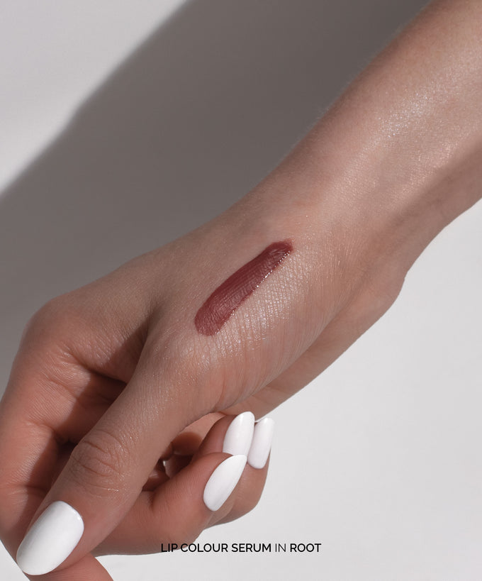Fitglow Beauty-Lip Color Serum-Makeup-LipColourSerum_handswatch_root_02_DTC-The Detox Market | Root - Earthy Brown Plum