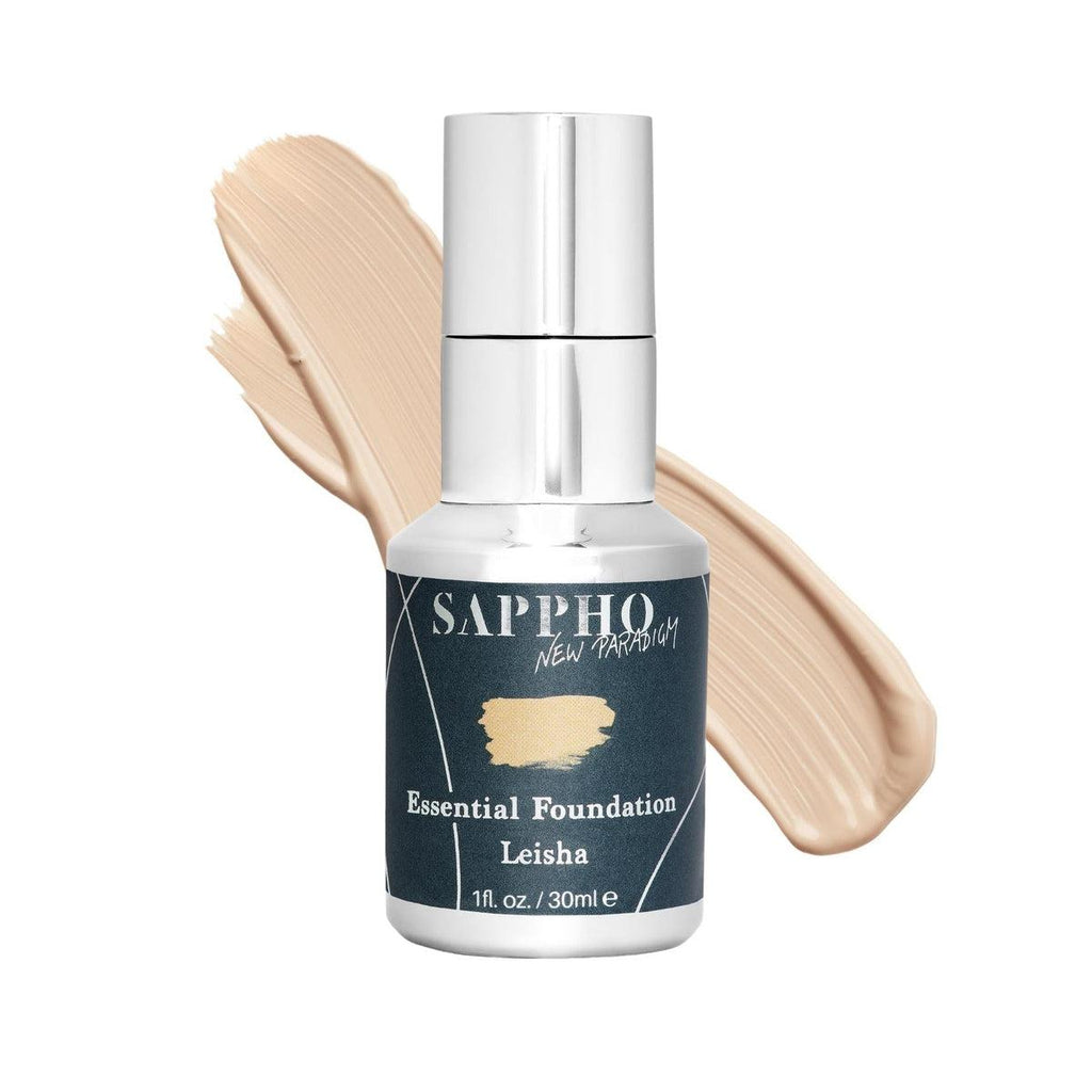 Sappho New Paradigm-Essential Foundation-Makeup-Essential_Leisha_Bottle_With_Swatch_White_Background-The Detox Market | Leisha