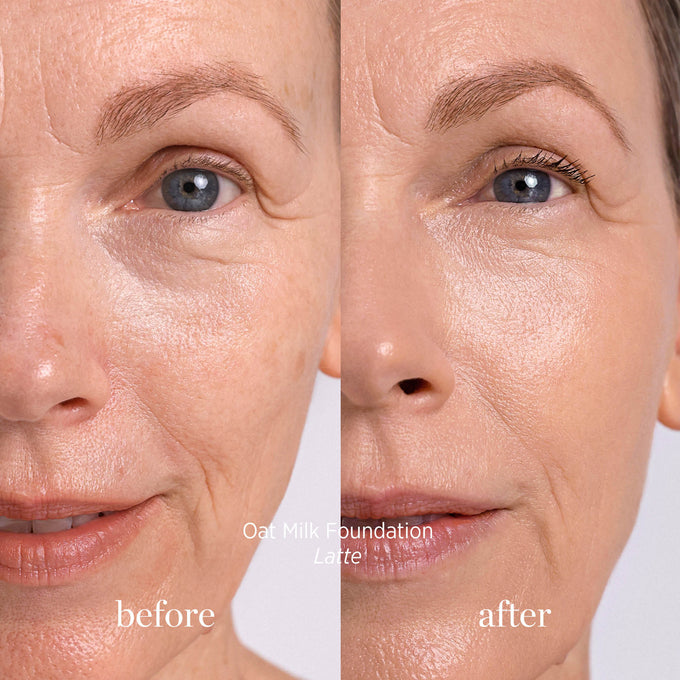 Ere Perez-Oat Milk Foundation-Makeup-ErePerez-OatMilkFoundation-Latte-BEFORE-AFTER-SQ-20003-The Detox Market | 