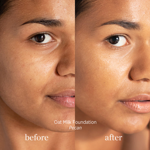 Ere Perez-Oat Milk Foundation-Makeup-ErePerez-OatMilkFoundation-Pecan-BEFORE-AFTER-SQ-20003-The Detox Market | Pecan - medium-plus neutral warm