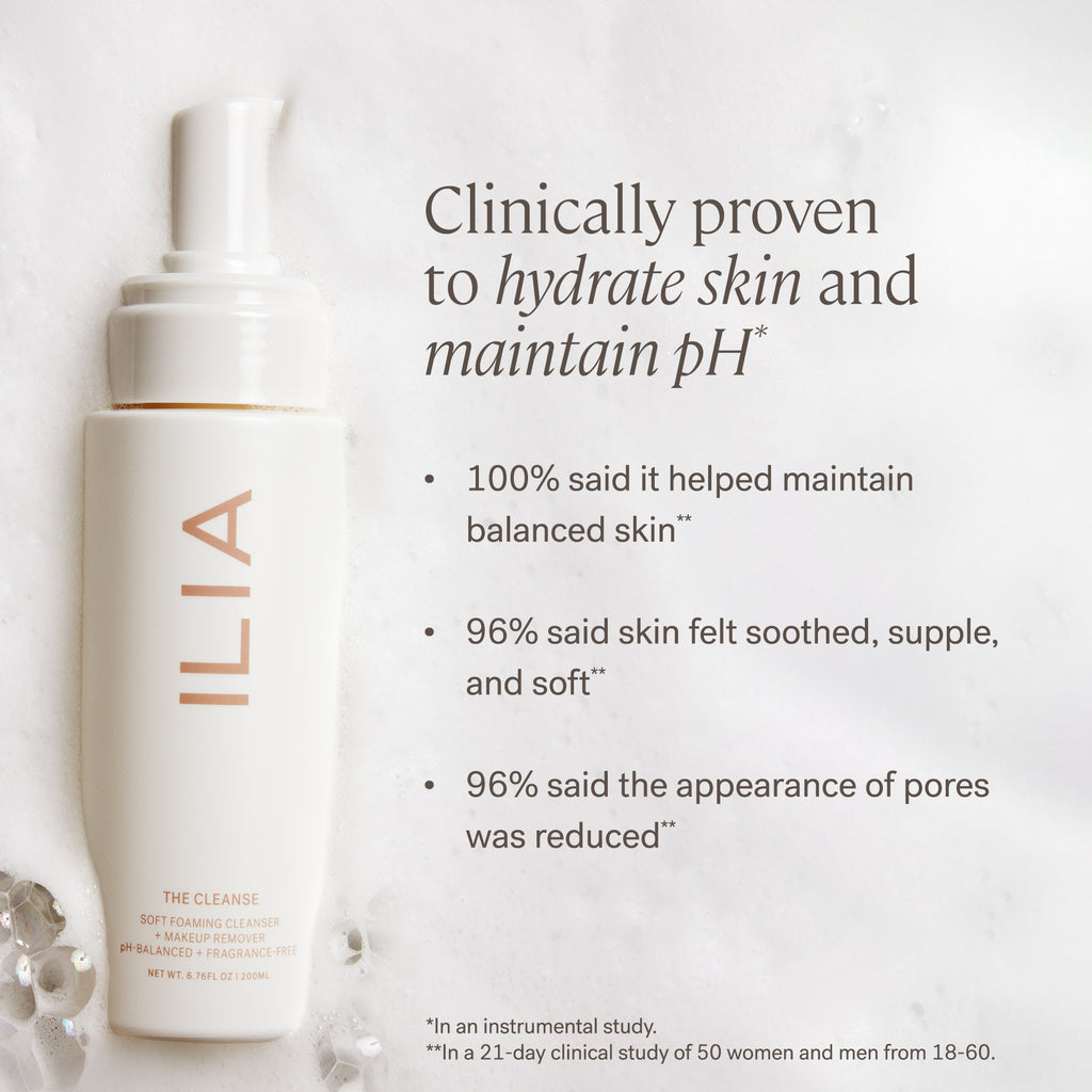 ILIA-The Cleanse Soft Foaming Cleanser + Makeup Remover-Skincare-ILIA_2023_Cleanser_Clinicals-2000x2000-The Detox Market | 