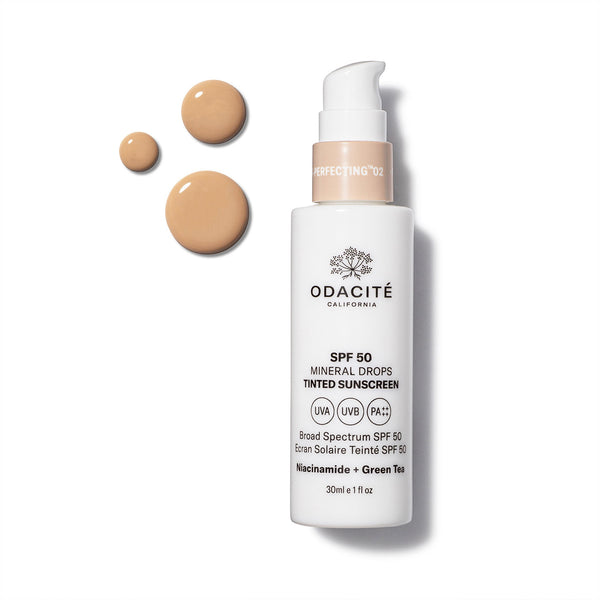 Odacite-Spf 50 Flex-Perfecting™ Mineral Drops Tinted Sunscreen-Sun Care-SPF50Tinted_02_POW_bottle_texture-The Detox Market | 02 - light medium with neutral undertones