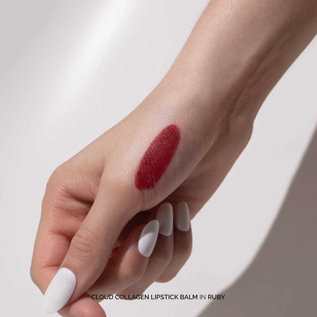 Fitglow Beauty-Cloud Collagen Lipstick + Cheek Matte Balm-Makeup-CloudCollagenLipstickBalm_ruby_handswatch_B2B-The Detox Market | Ruby - soft matte red