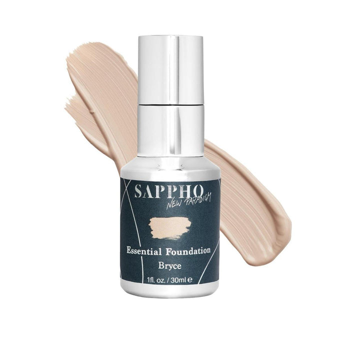 Sappho New Paradigm-Essential Foundation-Makeup-Essential_Bryce_Bottle_With_Swatch_White_Background-The Detox Market | Bryce
